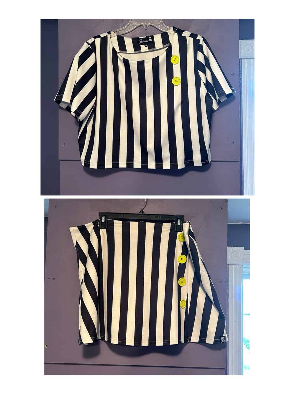 Sourpuss Black & White Striped Short Sleeve Crop Top and Skort Set